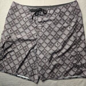 ONeill Mens Board Shorts Gray Black Skull Damask Print Cargo Pocket Size 42